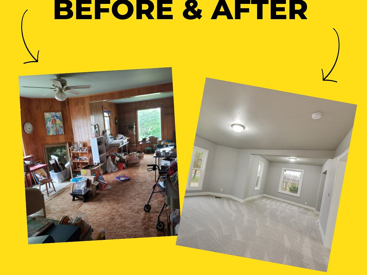 Living room cleared and renovated before and after